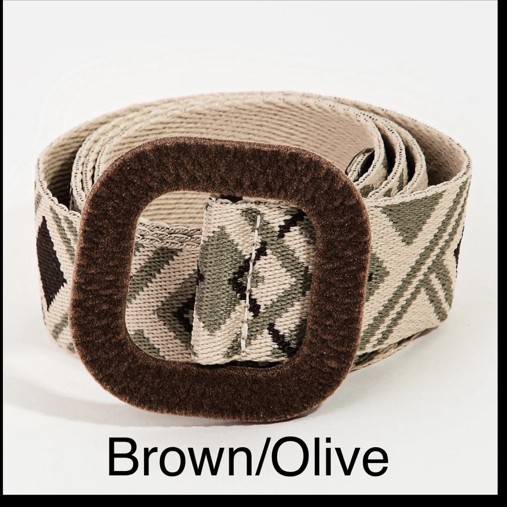 Boho Abstract Pattern Square Buckle Belt 42”L Brown/Olive